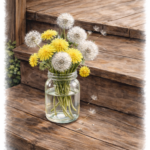 Dandelions in a mason jar on wooden steps
