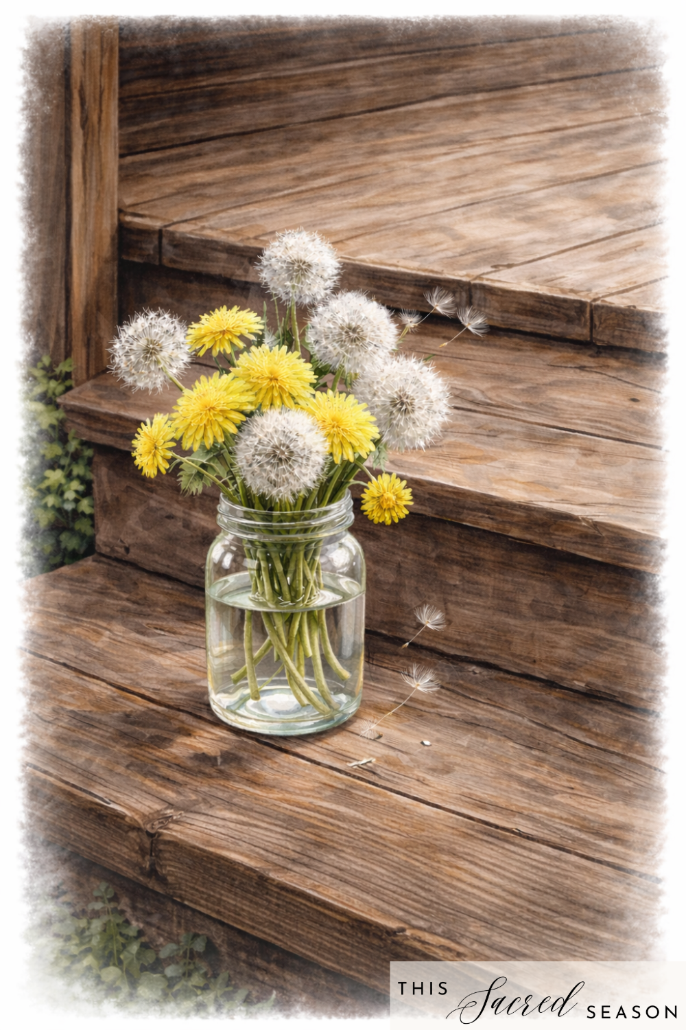 Dandelions in a mason jar on wooden steps