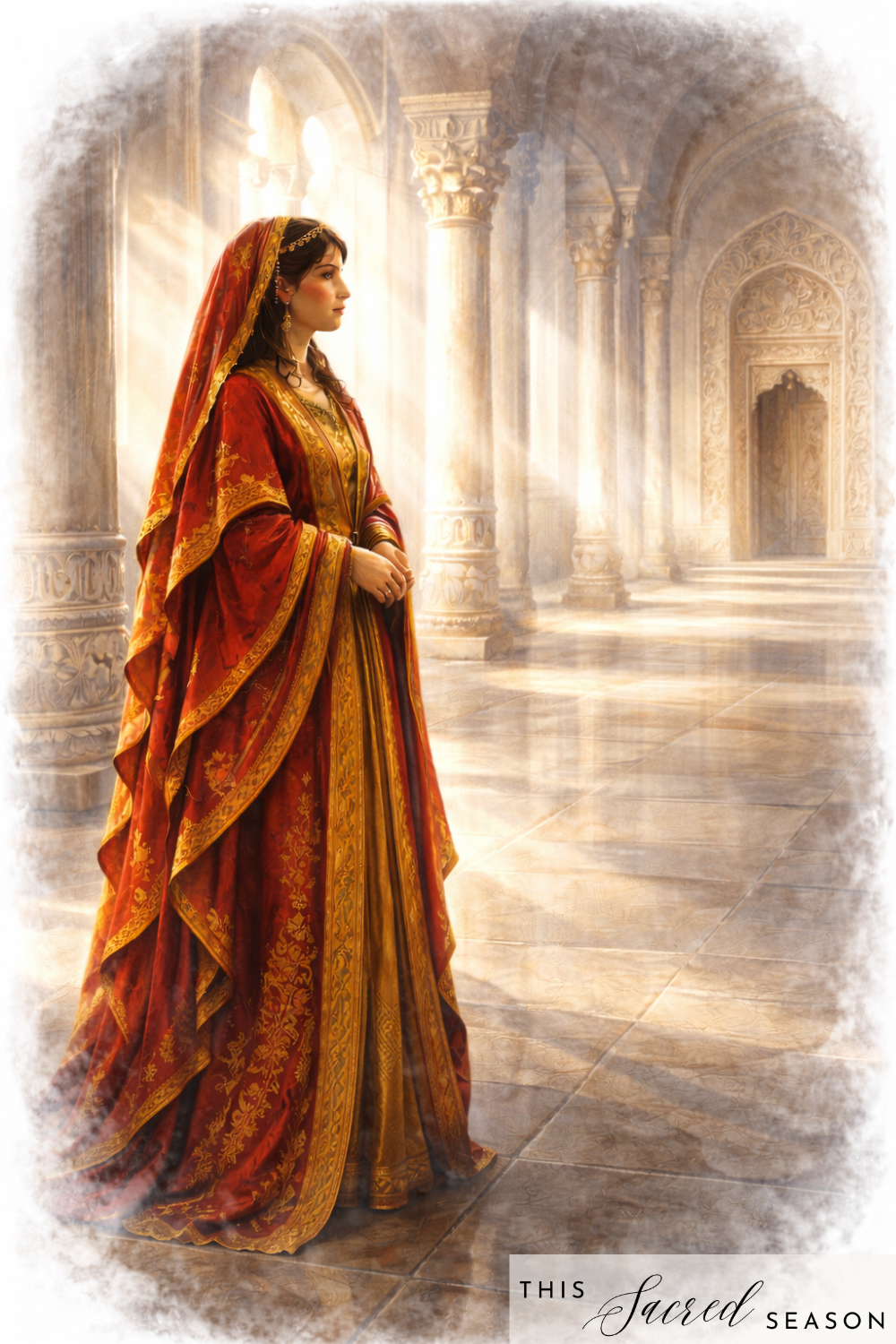 A Persian palace interior scene: a woman in rich royal robes standing in an inner courtyard, her back partially turned, facing tall carved stone columns and an ornate doorway. The scene captures the moment before Esther approaches the king — stillness, weight, and quiet resolve.