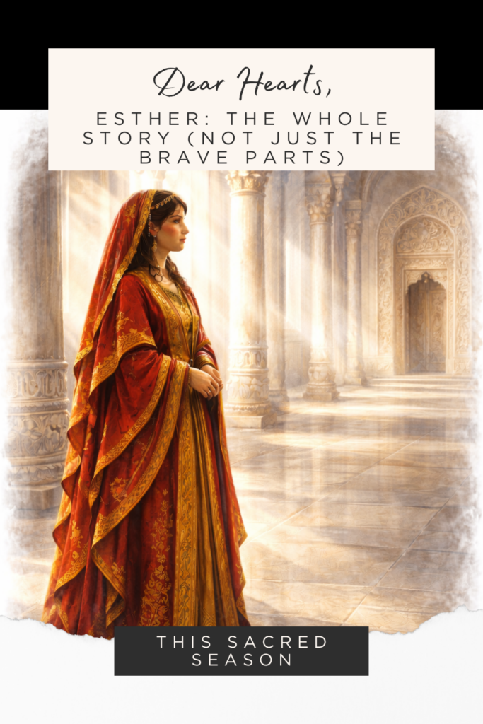 A Persian palace interior scene: a woman in rich royal robes standing in an inner courtyard, her back partially turned, facing tall carved stone columns and an ornate doorway. The scene captures the moment before Esther approaches the king… stillness, weight, and quiet resolve.