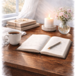 Flatlay journal, pen, candle, book, and flowers on desk