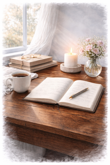Flatlay journal, pen, candle, book, and flowers on desk